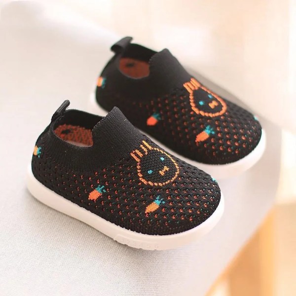 Unisex baby Toddler stickade ventilerande sneakers Barn Mjuk sula Anti-halkstrumpa Skor Mesh Slip on First Walkers black 19-insole13cm