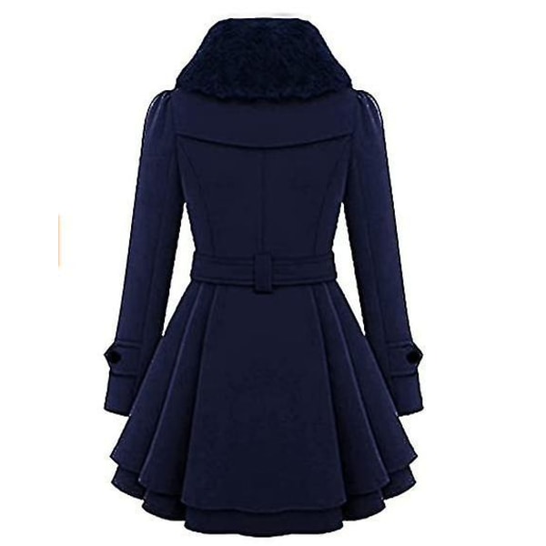 Dam Faux Fur Slag Dubbelknäppt Ullkappa Jacka Navy Blue S