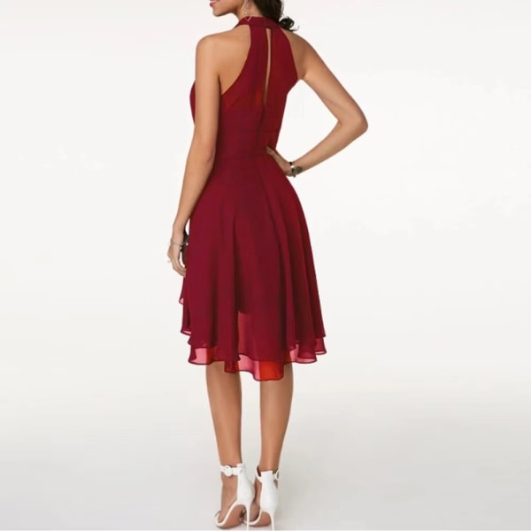 Kvinders kjoler Elegant Halter Neck Ærmeløs kort midi-kjole Burgundy S