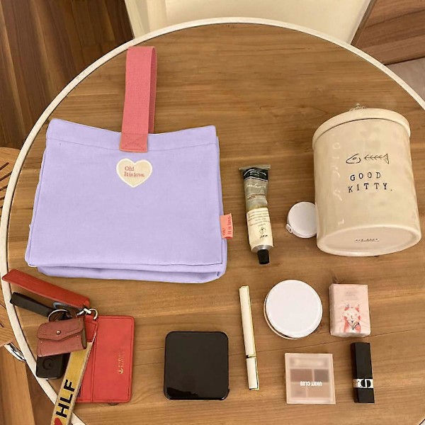 Bento Bag Hjerte Bokstav Broderi Mønster Innerlomme Oppbevaring Knapp Bærbar Matboks Bag Lilla