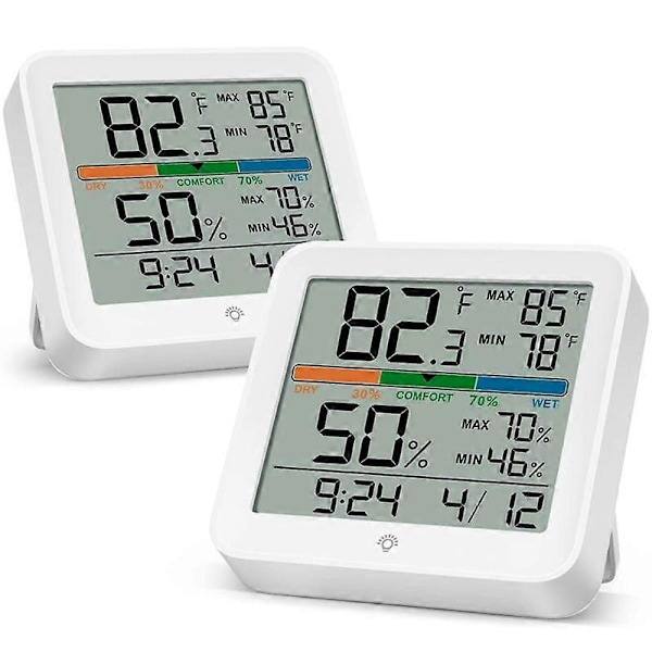 2 Pakke Digitalt Termometer Innendørs Hygrometer Klokke Kalender Kalibrering Bakgrunnsbelysning, Temperaturmåler