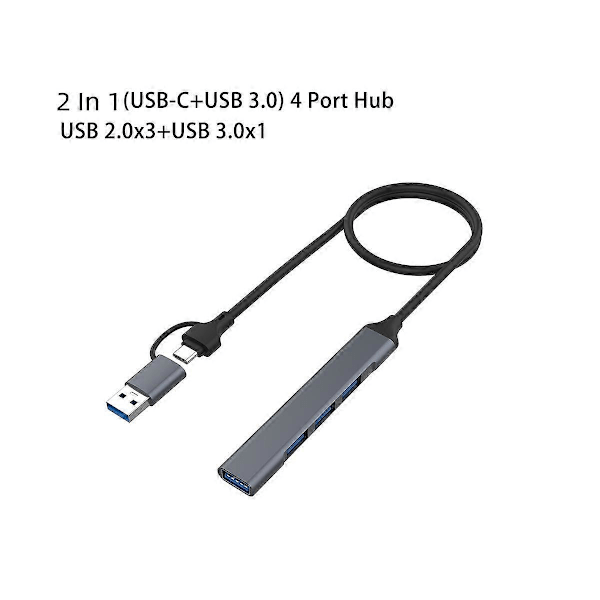 2 i 1 (USB-C+USB-A) 4 Port Hub USB 2.0X3+USB 3.0X1 5Gbps Hurtig Overførsel Slim Mini USB3.0 Hub USB