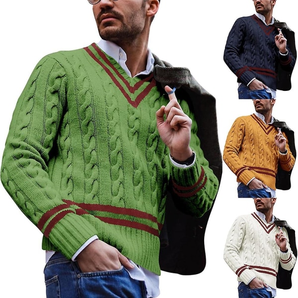 Herrkläder V-ringad Varm Casual Pullovrar Tröjor För Män Mode Stickad Tröja Manlig Streetwear Gold XXL