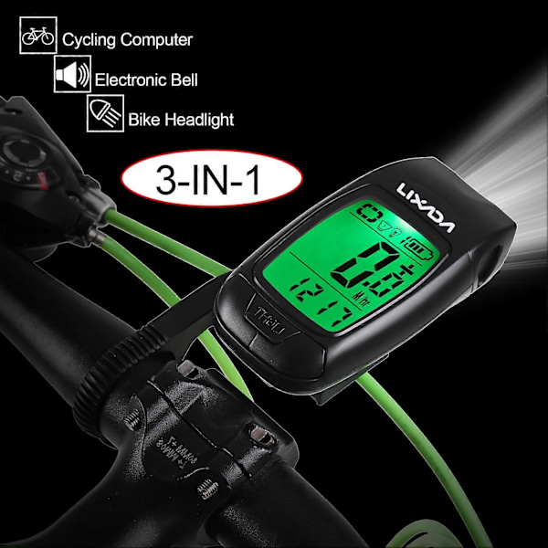3 i 1 Cykelcomputer USB Genopladelig Trådløs Cykelcomputer Cykel Speedometer med LED Forlygte og Horn