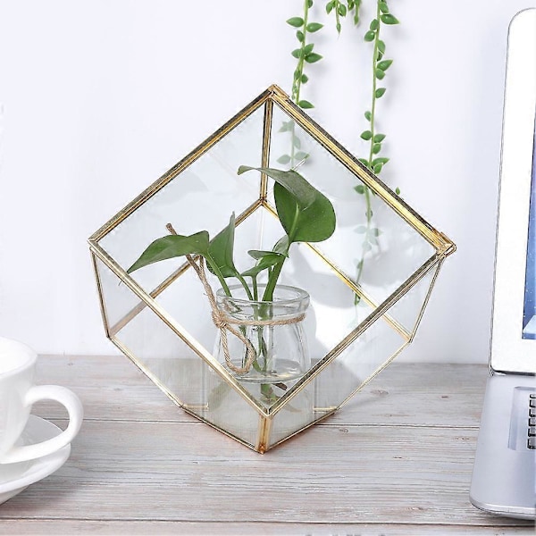 Guld Geometrisk Glas Planteringskärl Suckulent Växtbehållare Konstgjord Blomlåda Dekoration