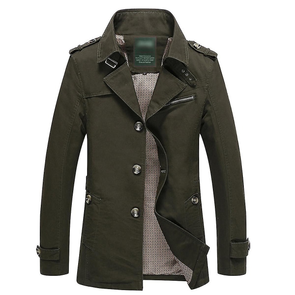 Herre Bomuldsjakke Ensfarvet Slim Fit Efterår Revers Casual Trenchcoat Green 2XL