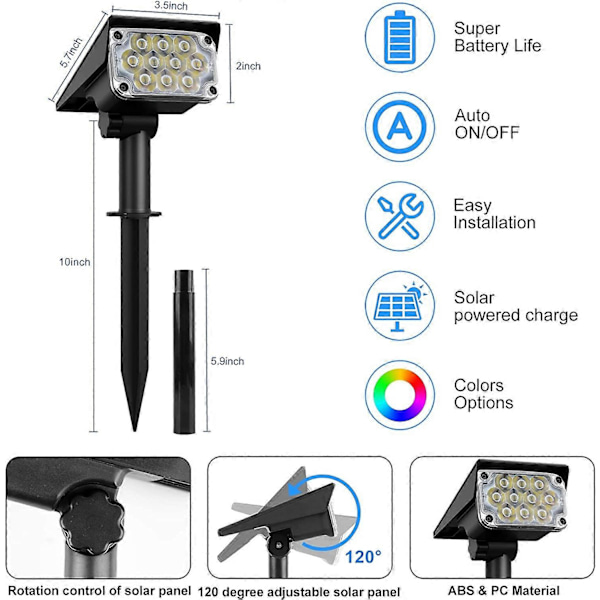 Pakke med 1 solcellelamper til udendørs brug, 10 LED solcellelamper til udendørs brug, farve RGB solcelle spotlight udendørs, solcellelamper vandtætte IP65 til stier, have, gård