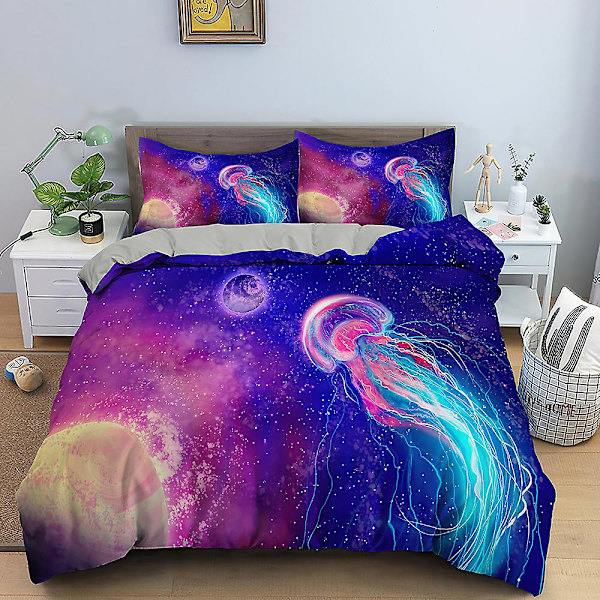 Ocean Jellyfish Sengetøy Sett Skinnende Havdyr Dynetrekk King/Queen Size Magisk Marint Liv Blå 2/3 stk Polyester Dynetrekk
