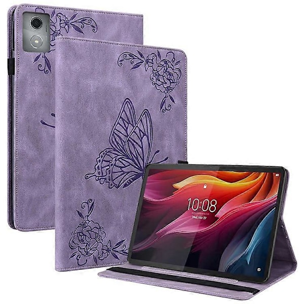 Kompatibelt Fodral för Lenovo Tab K11 Plus Fjäril Blomma Tryck PU Läder Tablet Skydd med Kortfack Purple