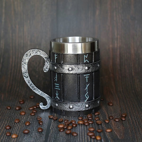 Nordisk Eik Tre Ølkrus med Rustfritt Stålforing, Norrøne Vikingruner Design, for Menn og Farsdag, 550ml