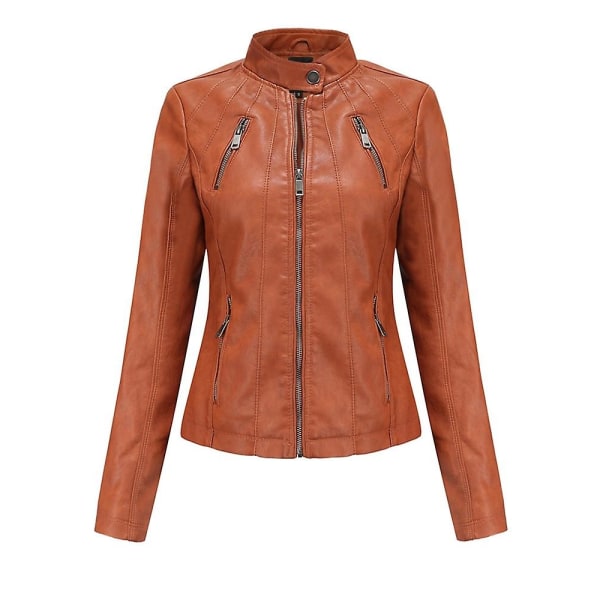 Læder PU Jakke Kvinder Efterår Langærmet Lynlås Slank Mode Motorcykel Oversize Jakke Kunstlæder Frakker Overtøj brown XL