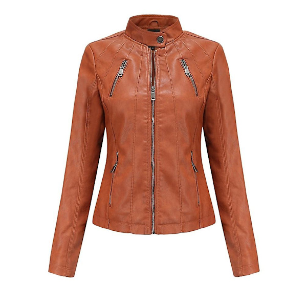 Läderimitation Jacka Dam Höst Långärmad Dragkedja Slim Mode Motorcykel Oversize Jacka Faux Läderrockar Ytterkläder brown M