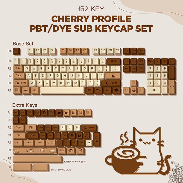 Kaffekatt 152 helnyckel färgat par PBT anpassad cap med nyckelavdragare mekaniskt speltangentbord Keycap Set and Pad