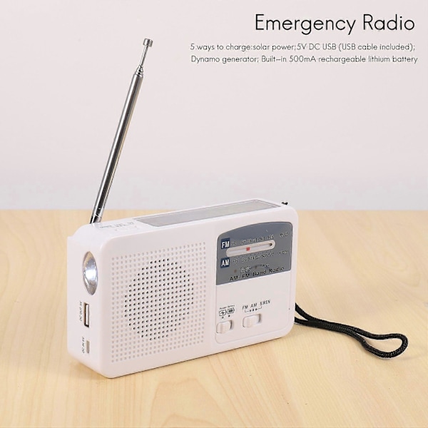 Nödradio med solceller och handvev, självdriven, batteri USB-laddning FM/AM-radio LED-blixt