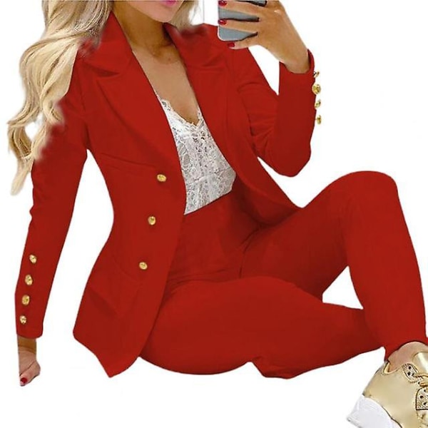 Dam affärsdräkt Elegant långärmad enkelknäppt nedfällbar krage Enfärgad kostym blazerbyxor med hög midja Red S