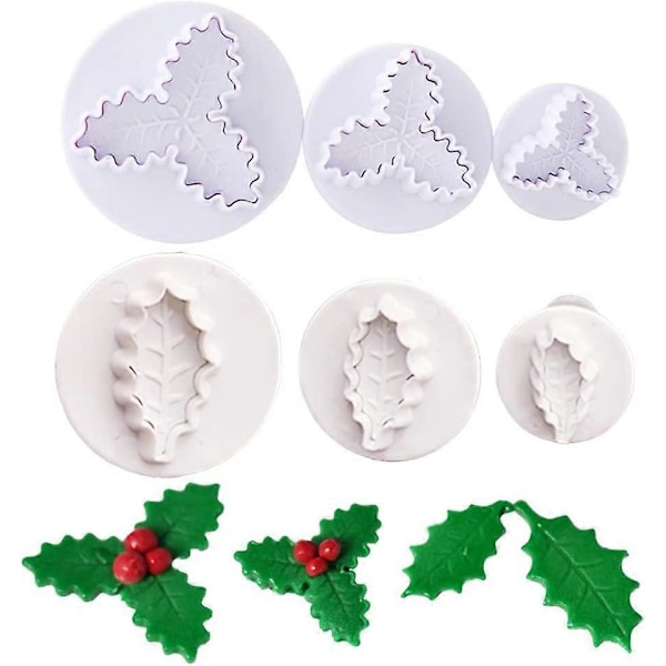 6 stk./sett Jul Kristtornblad Stempelkutter, Kristtornblader Fondantform Kakeform Julefest Kake Cupcake Gum