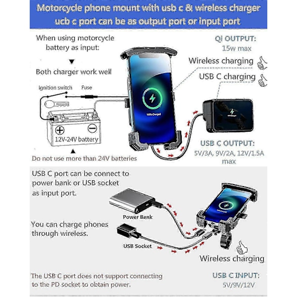 Moottoripyörän puhelinteline laturilla, langaton ja USB C, IP66 vedenpitävä moottoripyörän puhelinteline 4–7 tuuman matkapuhelimille, yhdellä kädellä käytettävä