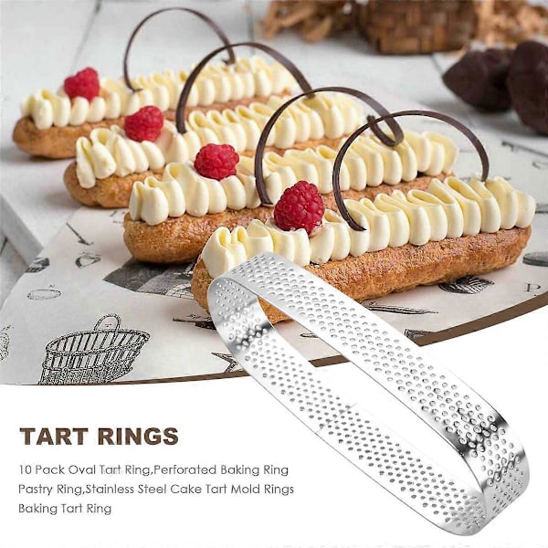 10-pakning Oval Tertering, Perforert Bakerring, Konditorring, Kakeformringer i Rustfritt Stål, Baki