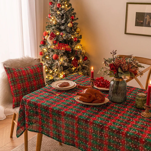 Juledekorasjon Nyttår Duk Rutete Snøfnugg Jul Hjem Spisebord Dekke Klut Rektangulær Salongbord Duk Double green grid fl 140x200cm