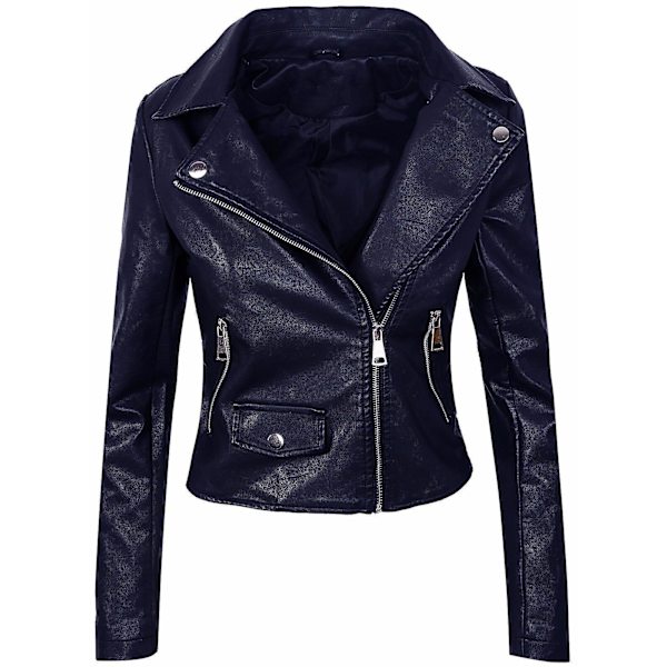 Dame Mode Langærmet Reverskrave Casual Formel Læderjakke navy blue L