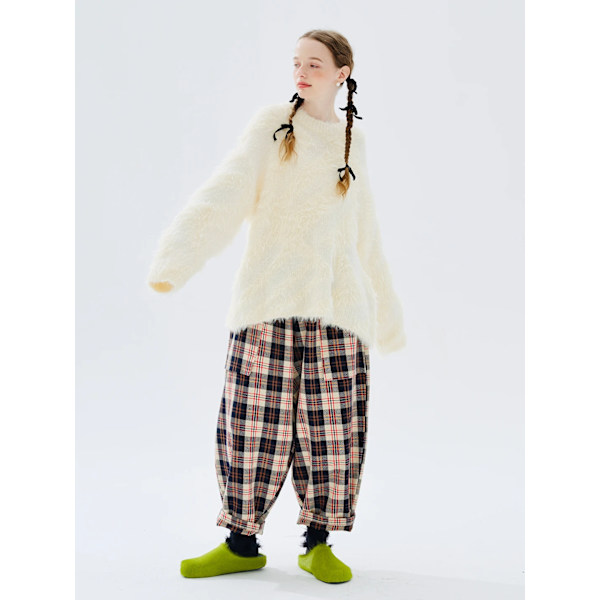 IMAKOKONI originalt design elastisk talje rødternede beskårede bukser lige ben lommebukser 234354 pants L