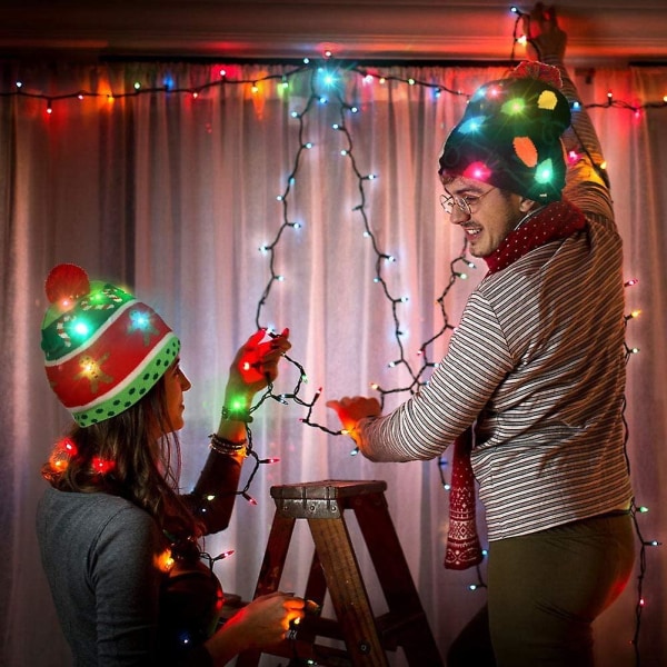 LED Julelue Lysende Julehatter, Strikkede Luer med 10 Fargerike LED-lys, Unisex Vinterlue