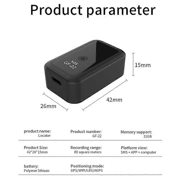 GF22 GPS Tracker Global Posisjon Tidssporingsenhet Anti-Mistet Anti-Tyveri Alarm Stemmeopptak Pos