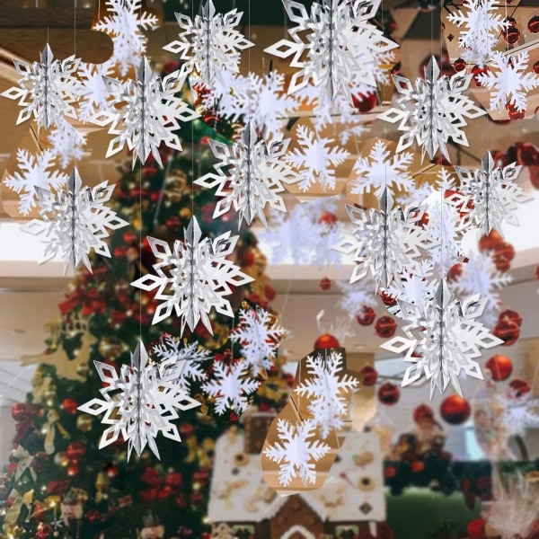 Julgranshängande Snöflinga Hänge 3D Stor Snöflinga Vita Papperssnöflingor Hängande Girlanger för Julfestdekorationer 4Meter Gold Silver
