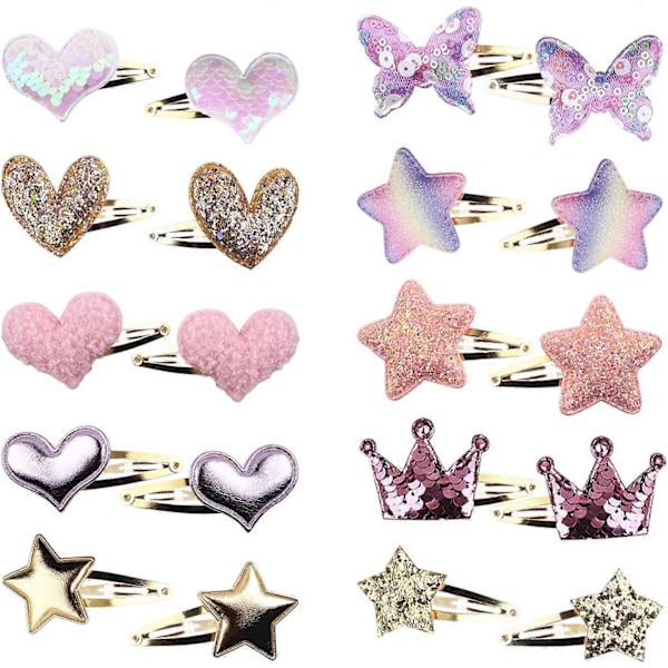 10 Par Hårspænder til Piger, Stjerne/Krone/Hjerte/Sommerfuglformede Hårnåle, Søde Hårspænder Metal Snap Barrettes Glitrende Hjerteformede Hårspænder til Børn H
