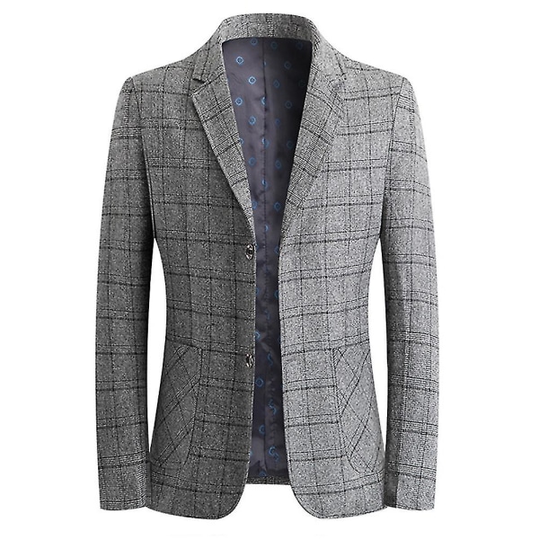 Herr Slim Fit Casual Två Knappar Kostymkavaj Rutig Blazer Business Jacka Grå M