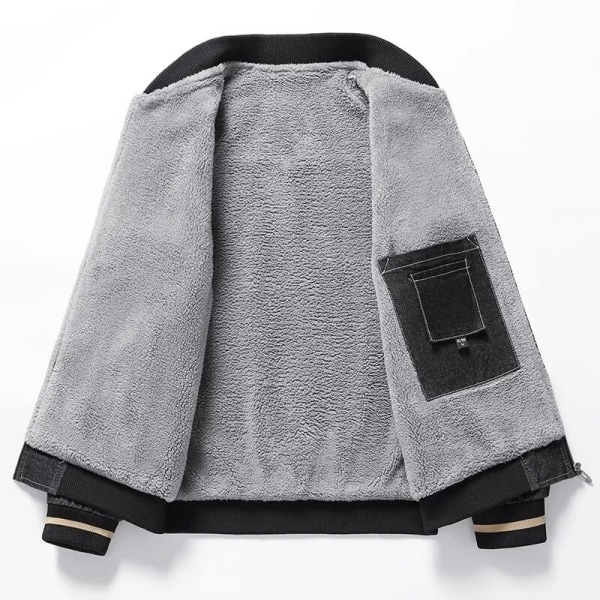 Vinter fleece denimjakke til mænd, fortykket varm jakke med standkrave Gray M