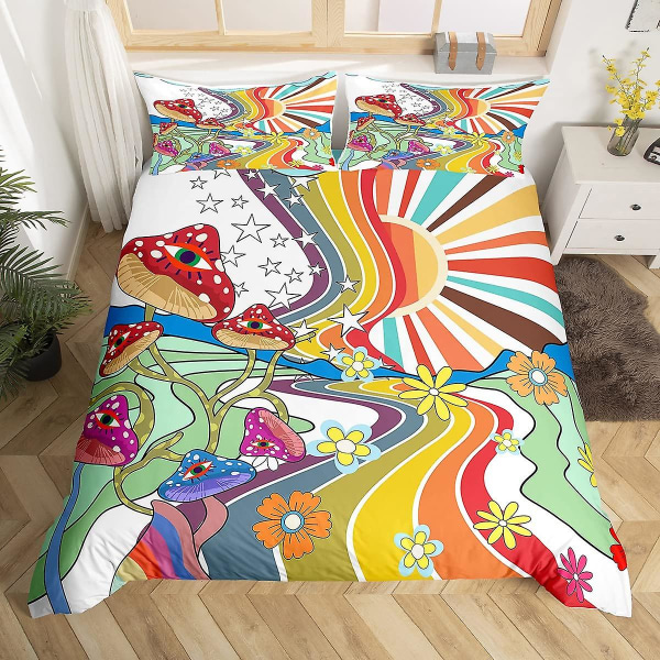 Boho Svampe King Queen Dynebetræk Hippie Regnbue Sengesæt Groovy Blomstret Dynebetræk Tegneserie Stjerne Polyester Quilt Betræk