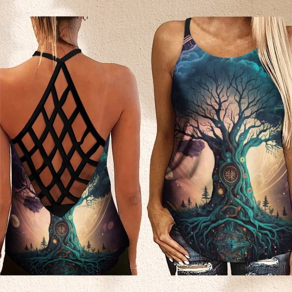 Sommer Dame Hul Ut Ermeløs Kryss Kryss Tank Top Mote Livets Tre Abstrakt Trykk Y2k Topp D XS