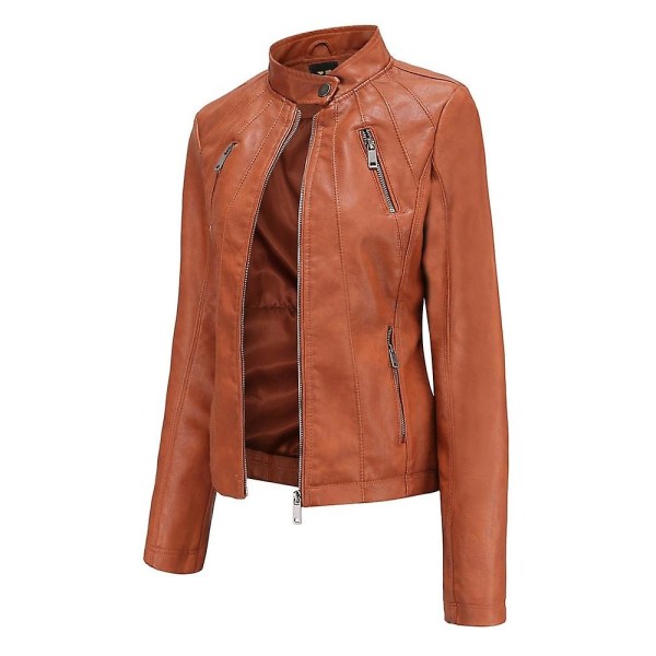 Läderimitation Jacka Dam Höst Långärmad Dragkedja Slim Mode Motorcykel Oversize Jacka Faux Läderrockar Ytterkläder brown M