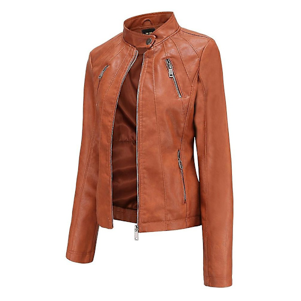 PU-jakke i skinn for kvinner, høst, langermet, glidelås, slank, mote, motorsykkel, oversized jakke, yttertøy i imitert skinn brown S