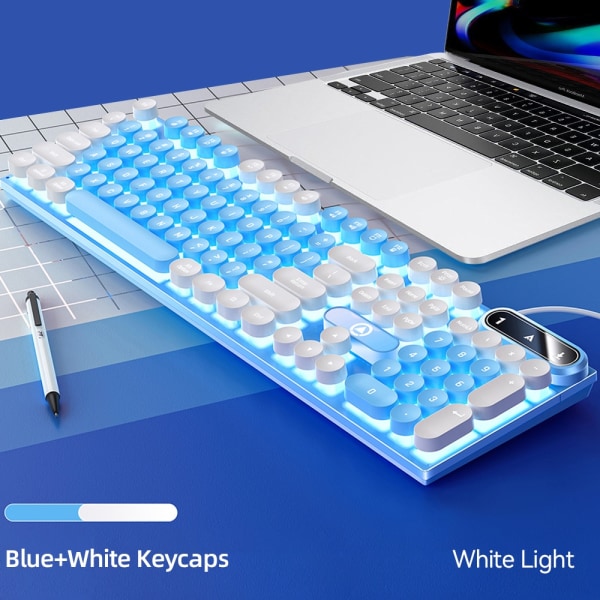 Retro Punk Rund Keycap Gaming Tangentbord Trådbundet RGB Bakgrundsbelyst Tangentbord USB Bakgrundsbelyst 104 Tangenter Tangentbord blue white