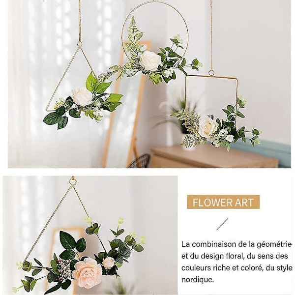 Kukka-aiheiset kultaiset vannekranssit, metallinen ympyrä kukka-aiheisella kranssilla 20 cm / 7,9 tuumaa, geometrinen kehys, tee-se-itse