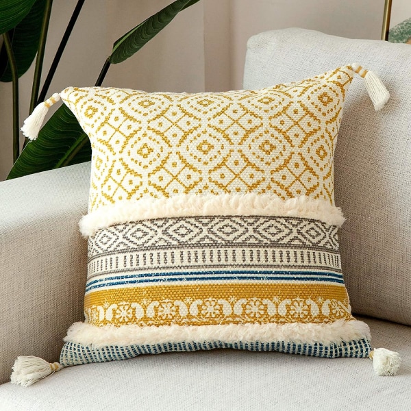 Tuftade dekorativa kuddfodral för soffa bäddsoffa - modern marockansk stil kuddfodral med tofsar, accent dekor kudde för sovrum Vardagsrum Yellow