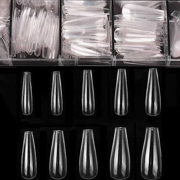 Långa falska naglar - genomskinliga akrylnaglar Kistformade ballerinanaglar tips 500 st cover konstgjorda naglar konstgjorda naglar med case kompatibel med nagel