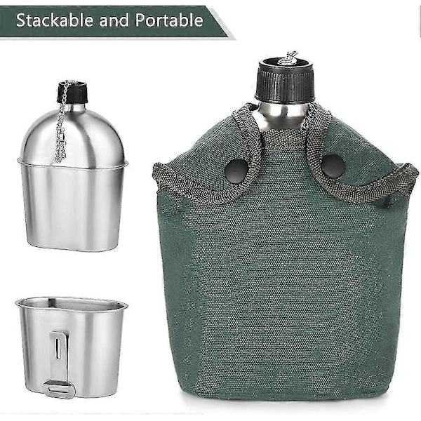 Militær Kanne Sett 2 stk 1000ml 600ml Rustfritt Stål Militær Kanne Koppssett Med Dekselpose For Utendørs Camping Vandring Ryggsekk