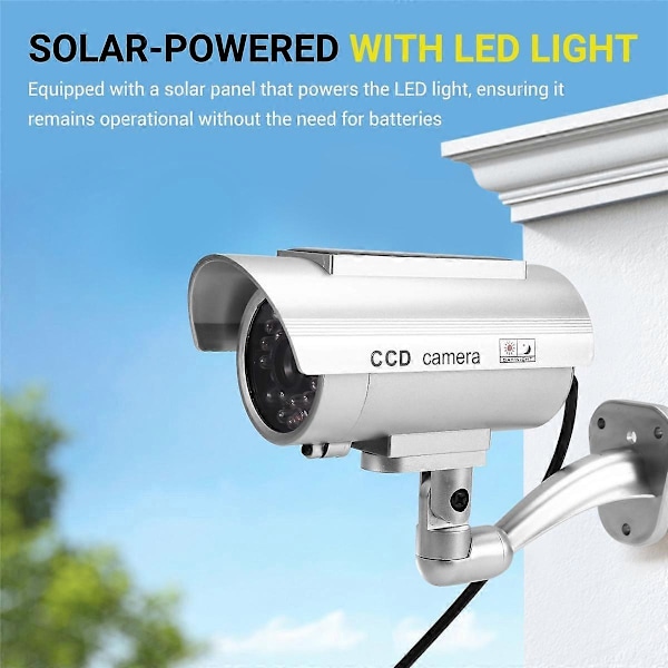 Simuleringskamera med Solenergi för Utomhusövervakning - Falskt Kamera Dummy Cam med LED-Ljus Silver