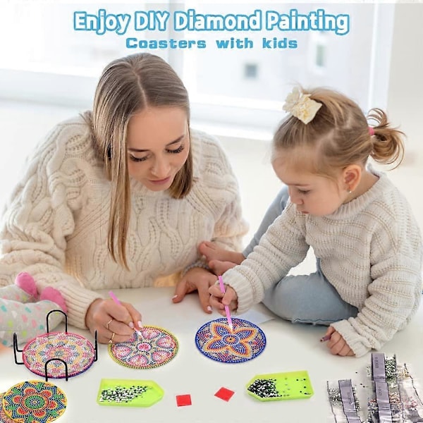 6 kpl DIY Timanttimaalauslasinalusia, Mandala/Eläin Akryylilasinalussetti telineellä, Timanttimaalauslasinaluset kotiin, toimistoon aikuisille lapsille aloittelijoille A