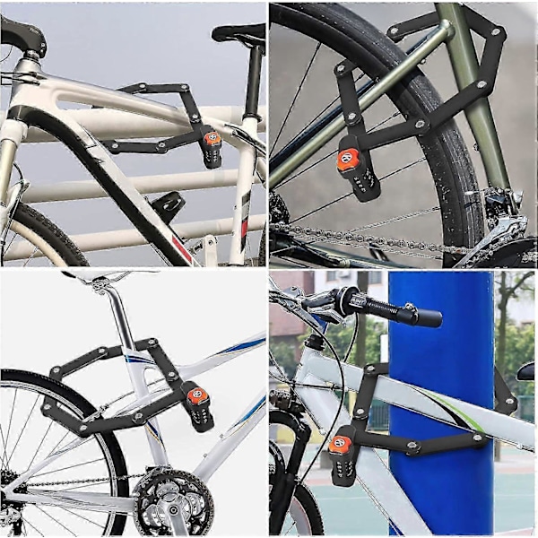 Hopfällbart cykellås, elscooter, sax-säkert cykellås, 4-siffrigt kodlås, 8-sektioners hopfällning, 8 extremt härdade stållänkar