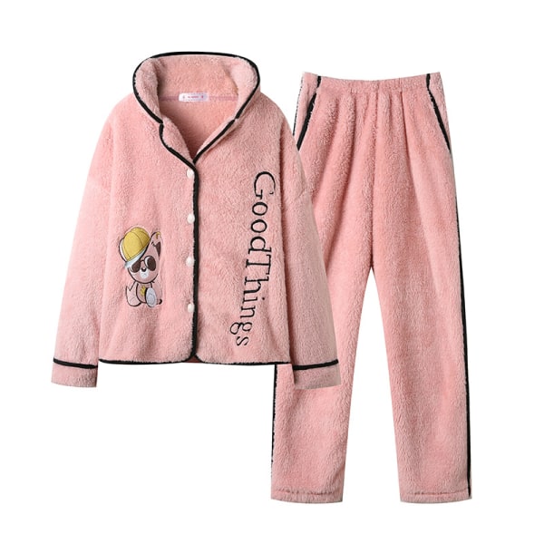 Pink Bean Paste Bear Velvet Pyjama Naisten pitkähihainen Plus Velvet Sarjakuva Coral Velvet Pyjama Pink Bear L