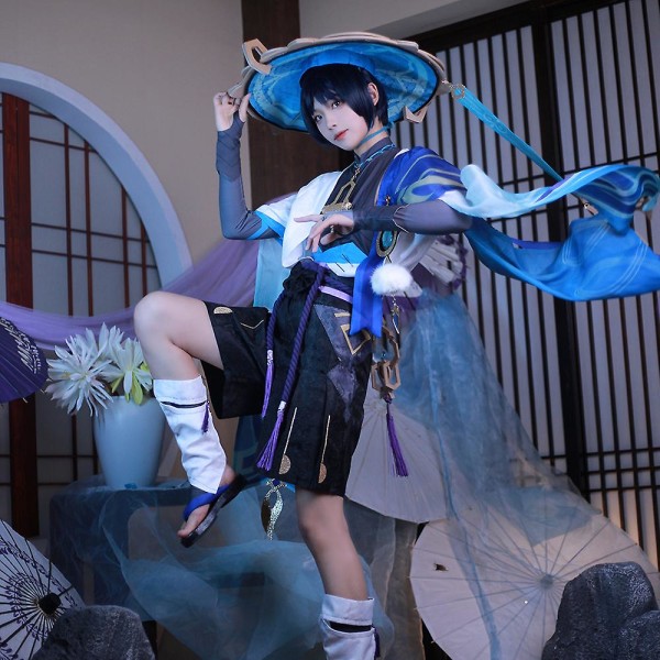 Scaramouche Cosplay Genshin Impact Puku Peruukki Hattu Täysi Setti Anime Halloween Genshin Cosplay Wanderer Puku Uniformi Miehille 1pcs wigs XXL
