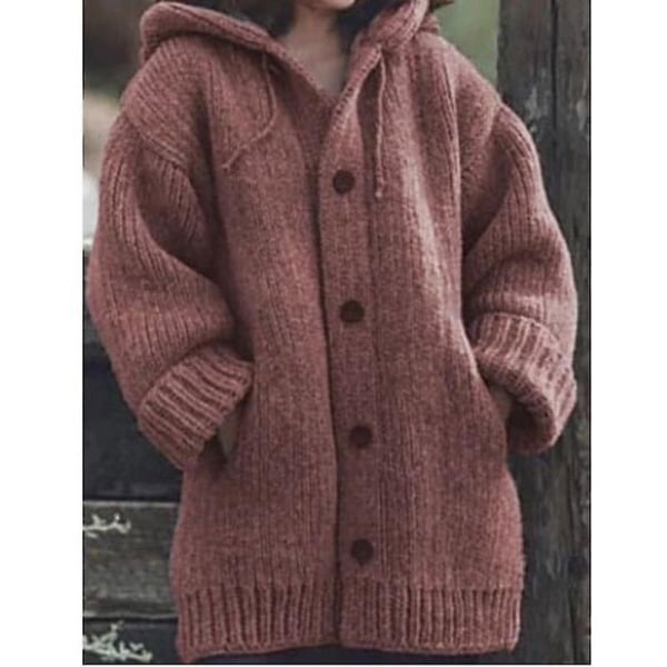 Hættetrøje til Kvinder Strikket Sweater Efterår Vinter Mellemlang Ensfarvet Knap Sweater Uldfrakke L