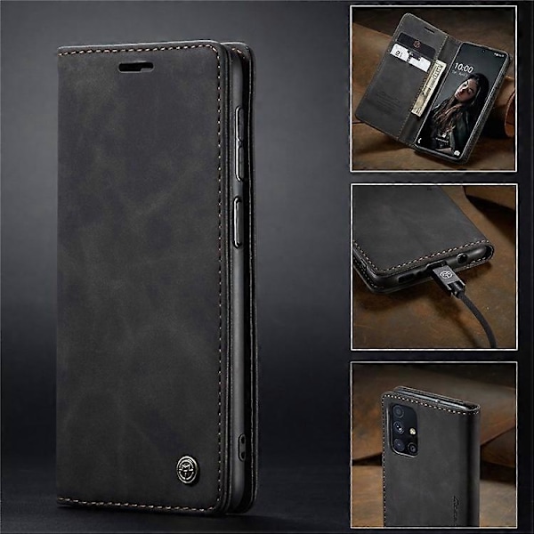 CASEME 013 Serie Magnetisk Smartphone Cover Kompatibel Med Samsung Galaxy M51, PU Læder Wallet Foldbart Stativ Telefon Cover Black