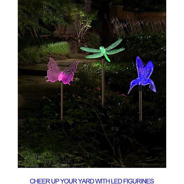 3 LED-väriä vaihtavan aurinkokennovalon setti ulkokäyttöön - Puutarhahahmot (kolibri, perhonen, sudenkorento) - LED-puutarhavalot puutarhakoriste - Piha