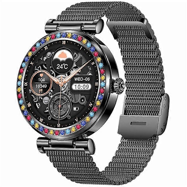 CF30 1.27-tums Stålarmband Dam Vattentät Smart Klocka Diamantdekor Hälsoövervakning Fitness Tracker Smart Armband Black