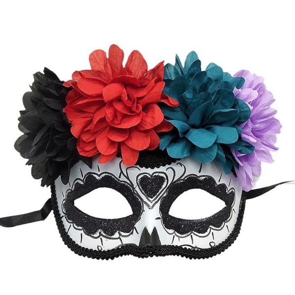 Day Of The Dead Face Cover Sugar Skull Blommor Dekor Halv Masque Halv Face Cover Prydnadskläder Tillbehör för Halloween-fest Black